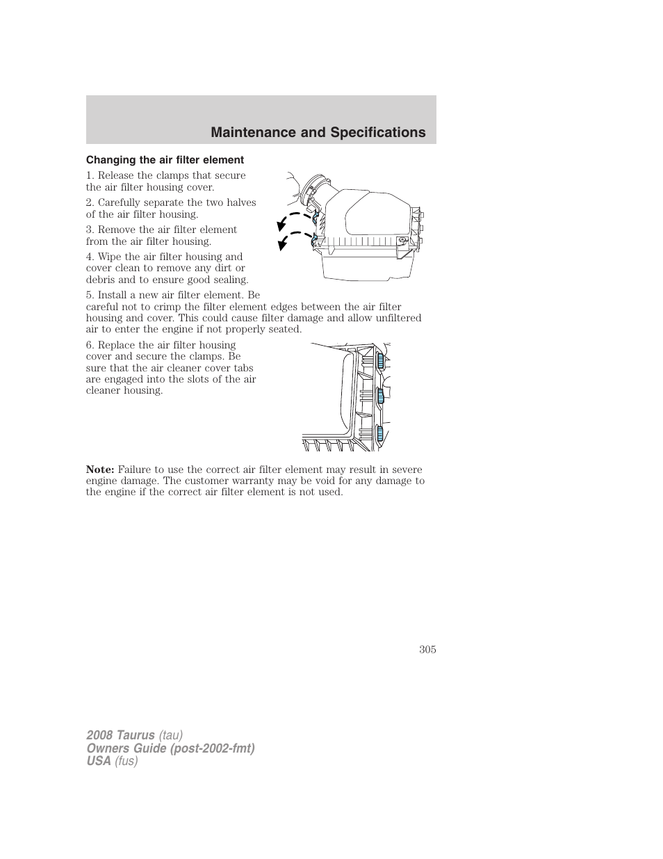 Changing the air filter element, Maintenance and specifications | FORD 2008 Taurus v.1 User Manual | Page 305 / 320