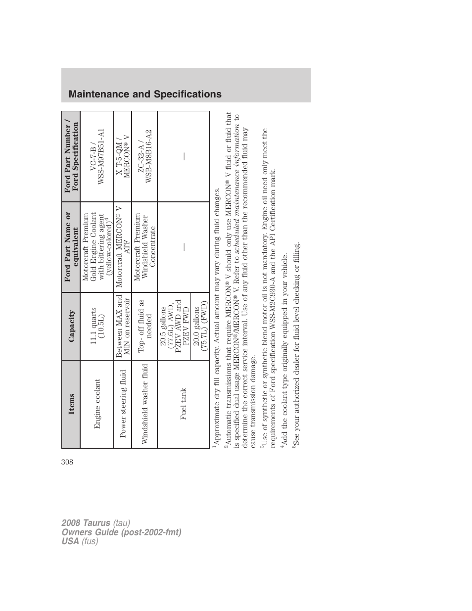 Maintenance and specifications | FORD 2008 Taurus v.1 User Manual | Page 308 / 320