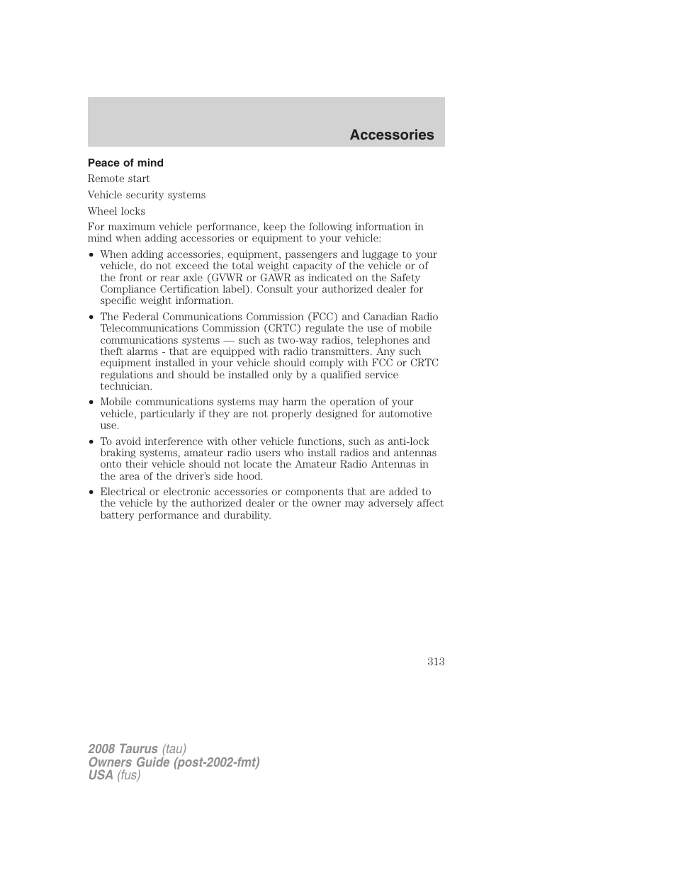 Peace of mind, Accessories | FORD 2008 Taurus v.1 User Manual | Page 313 / 320