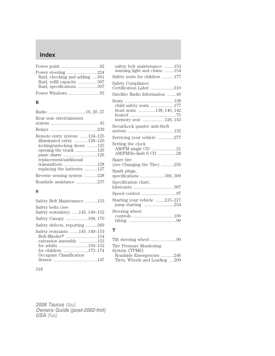 Index | FORD 2008 Taurus v.1 User Manual | Page 318 / 320