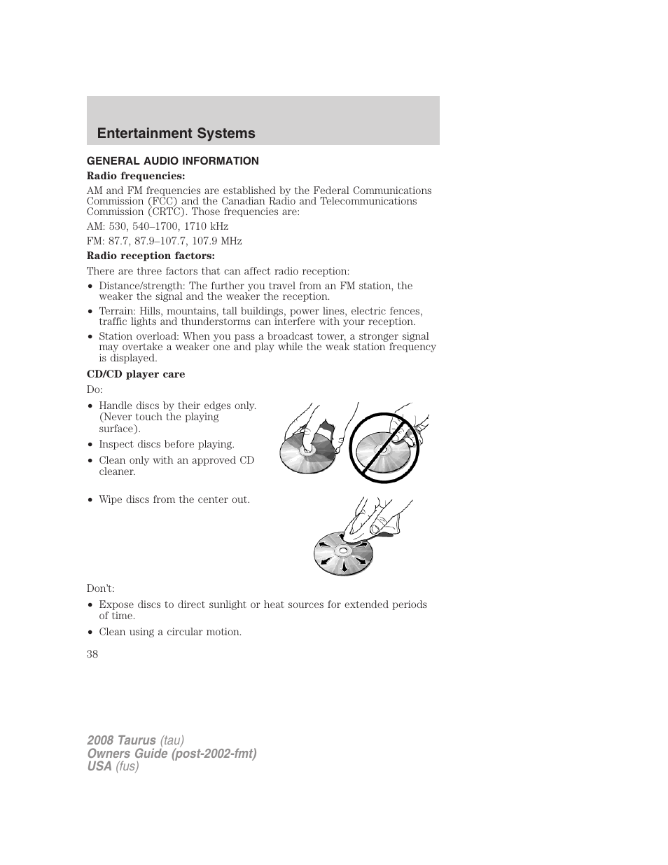 General audio information, Entertainment systems | FORD 2008 Taurus v.1 User Manual | Page 38 / 320