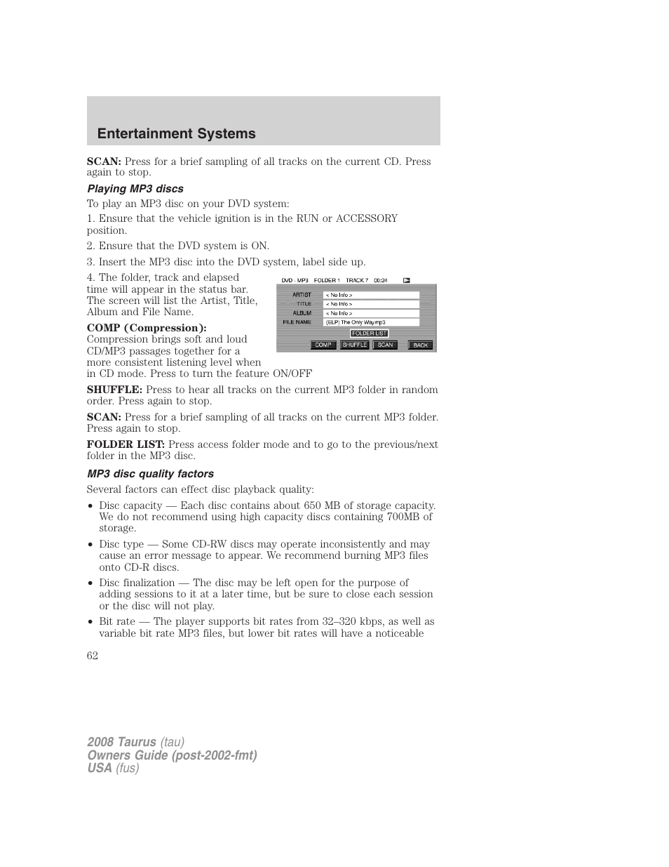 Playing mp3 discs, Mp3 disc quality factors, Entertainment systems | FORD 2008 Taurus v.1 User Manual | Page 62 / 320