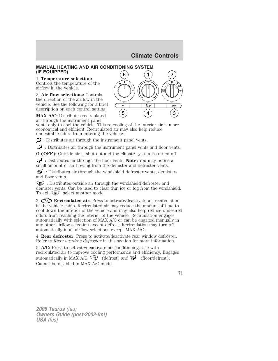 Climate controls, Manual heating and air conditioning | FORD 2008 Taurus v.1 User Manual | Page 71 / 320