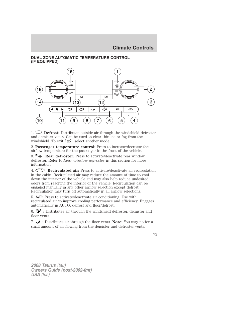 Automatic temperature control, Climate controls | FORD 2008 Taurus v.1 User Manual | Page 73 / 320