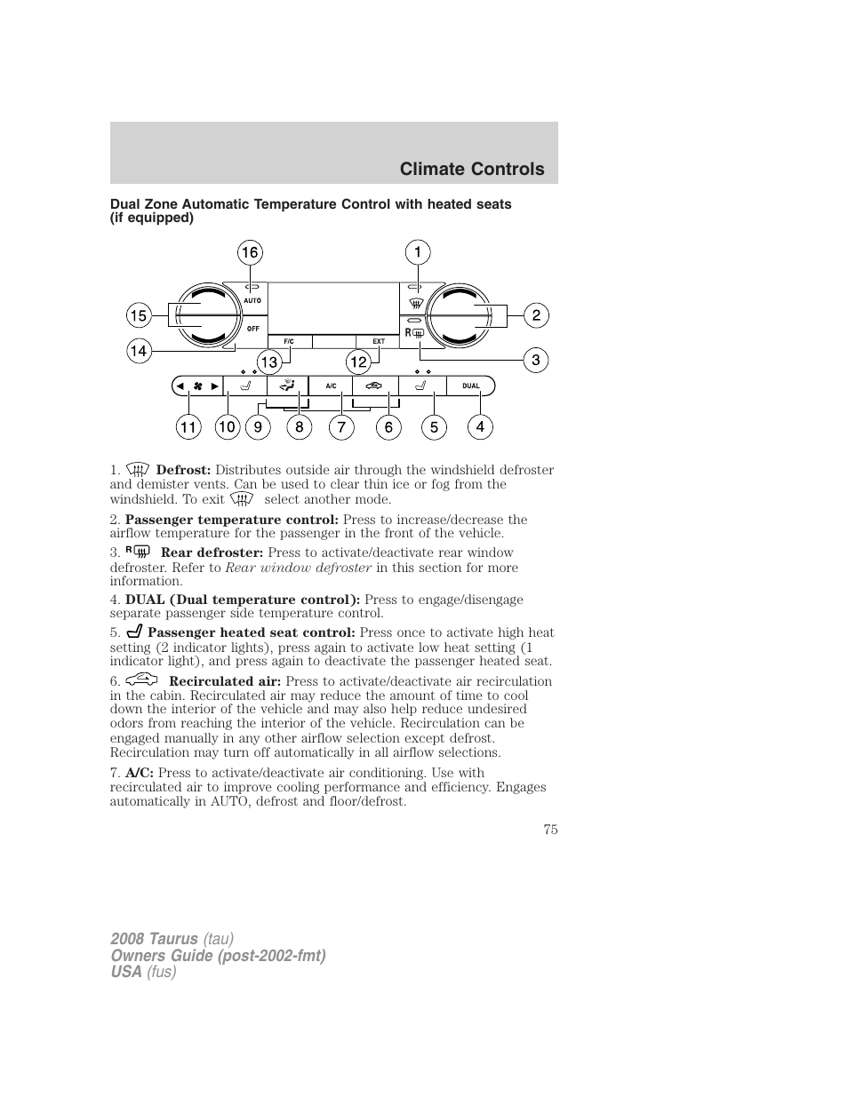 Climate controls | FORD 2008 Taurus v.1 User Manual | Page 75 / 320