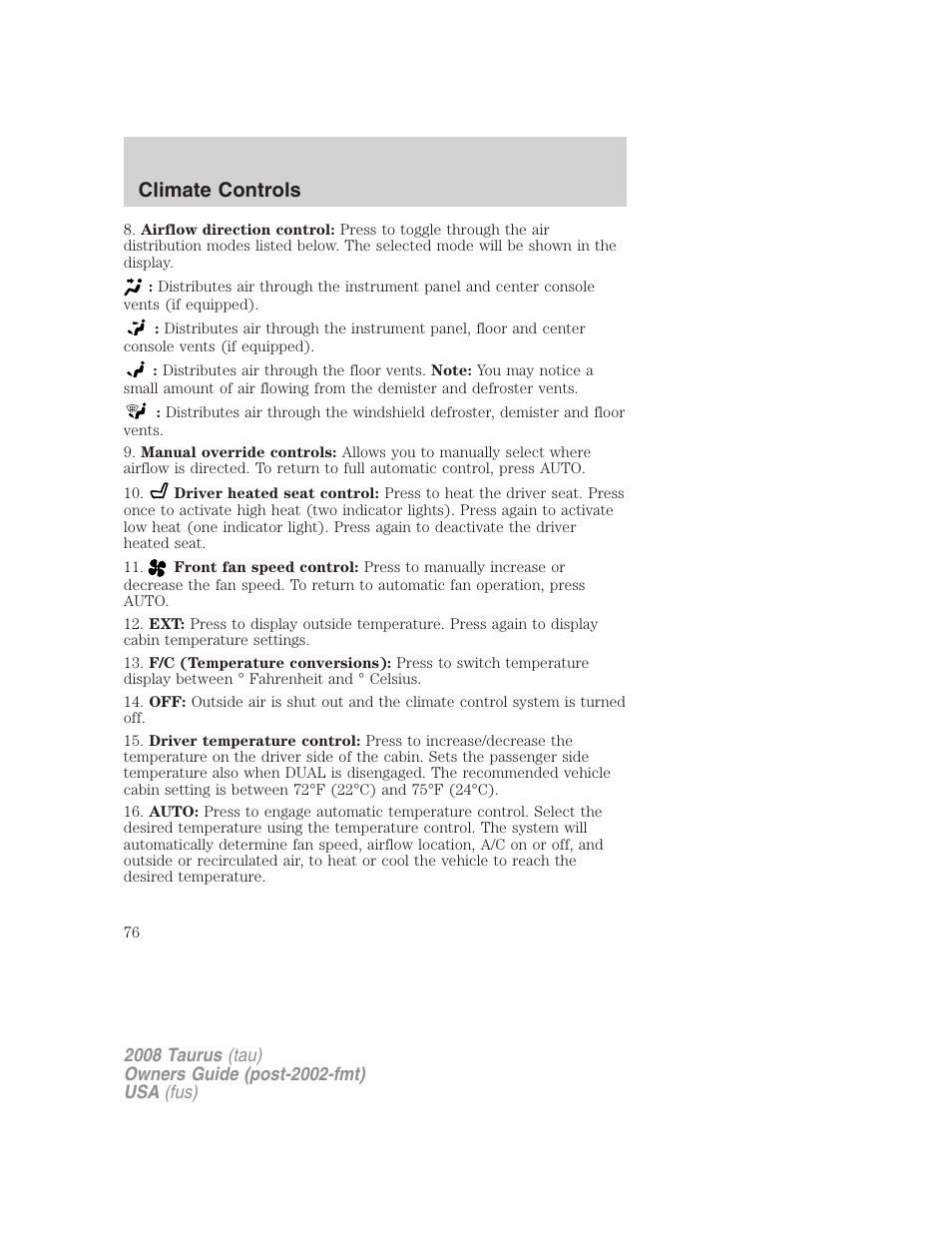 Climate controls | FORD 2008 Taurus v.1 User Manual | Page 76 / 320