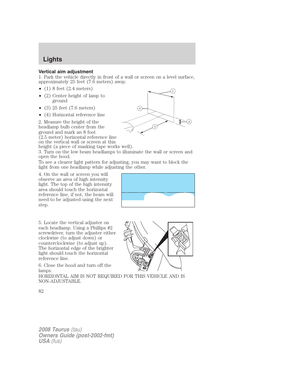 Vertical aim adjustment, Lights | FORD 2008 Taurus v.1 User Manual | Page 82 / 320