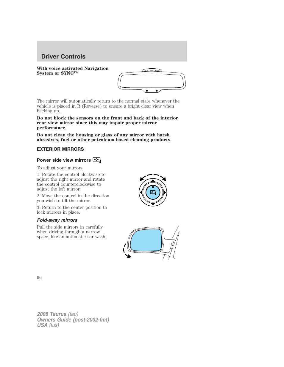 Exterior mirrors, Power side view mirrors, Fold-away mirrors | Driver controls | FORD 2008 Taurus v.1 User Manual | Page 96 / 320