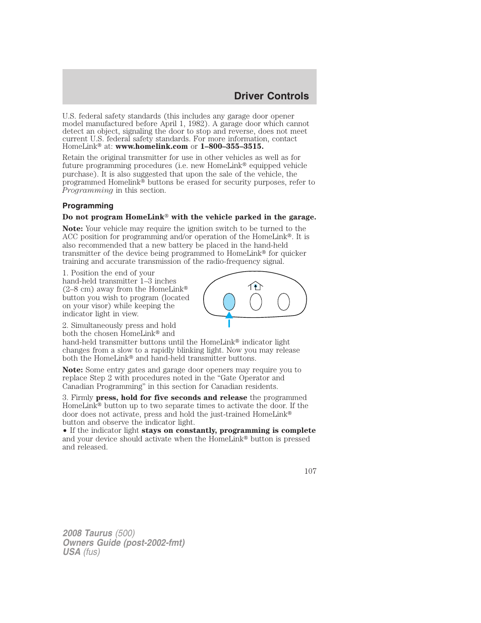 Programming, Driver controls | FORD 2008 Taurus v.2 User Manual | Page 107 / 328