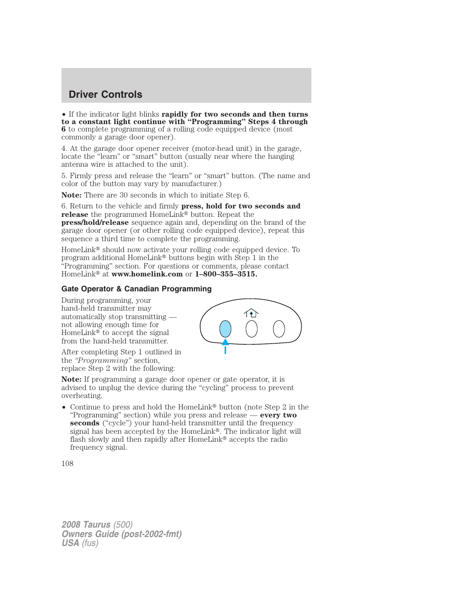 Gate operator & canadian programming, Driver controls | FORD 2008 Taurus v.2 User Manual | Page 108 / 328