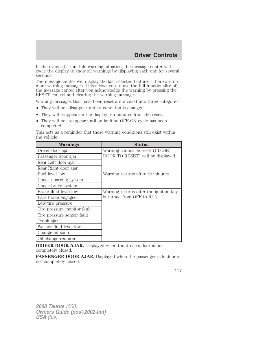 Driver controls | FORD 2008 Taurus v.2 User Manual | Page 117 / 328
