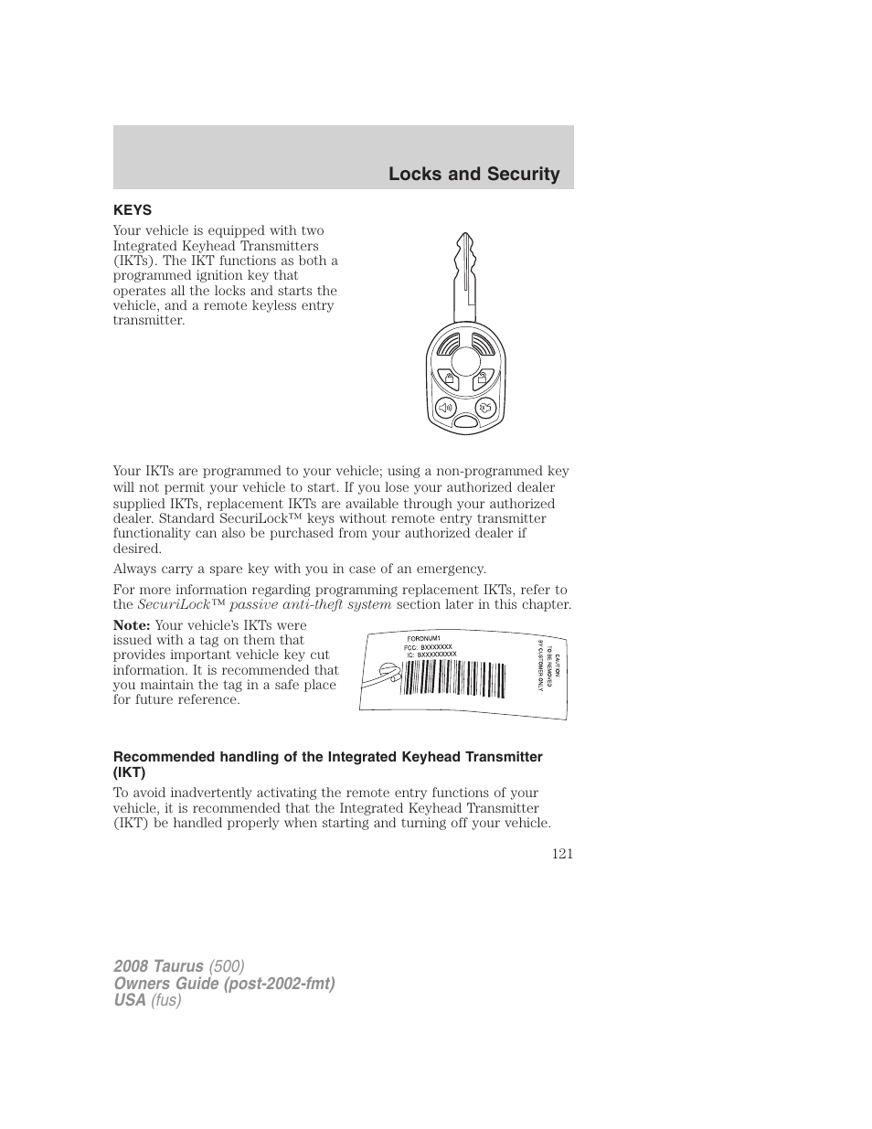 Locks and security, Keys | FORD 2008 Taurus v.2 User Manual | Page 121 / 328