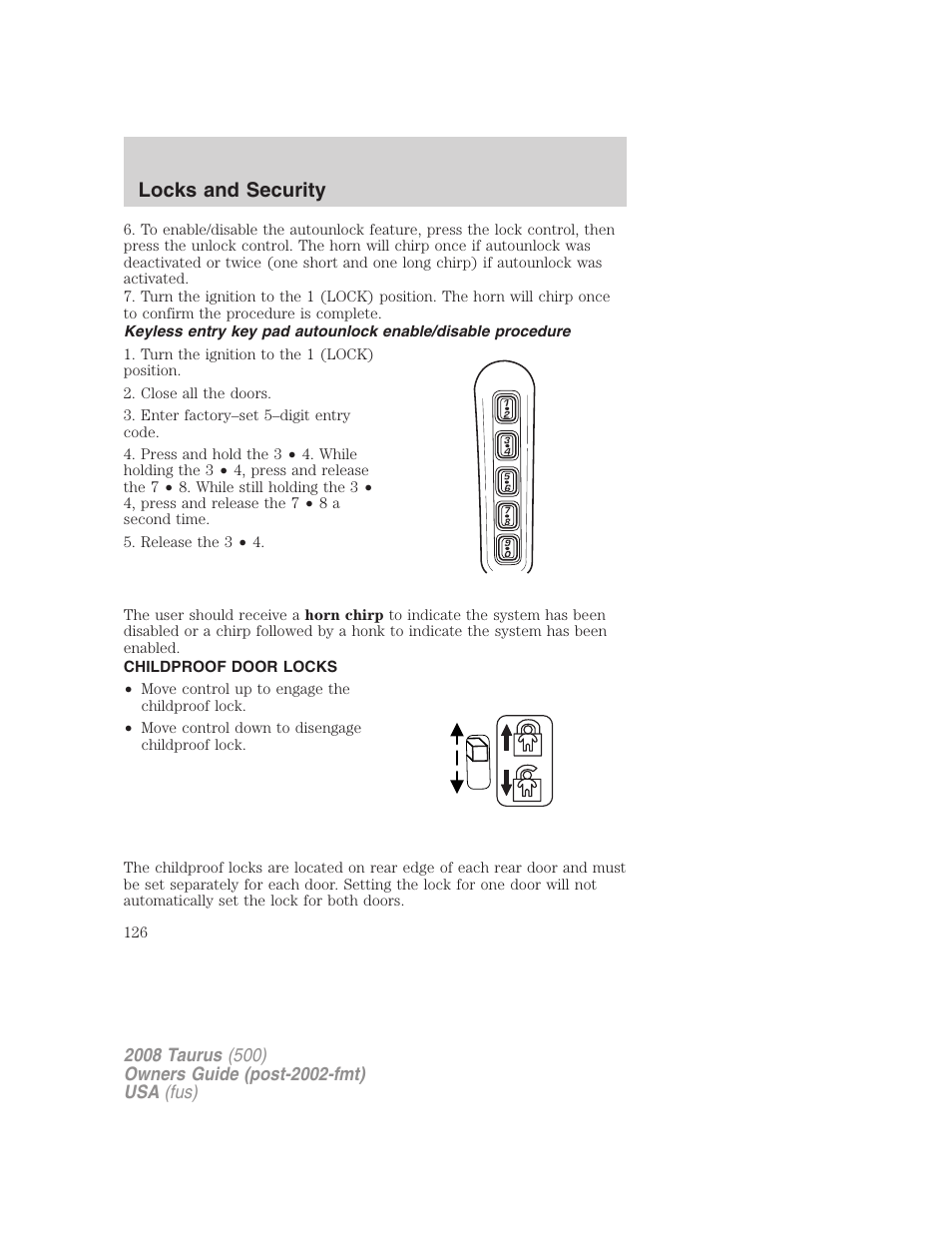 Childproof door locks, Locks and security | FORD 2008 Taurus v.2 User Manual | Page 126 / 328