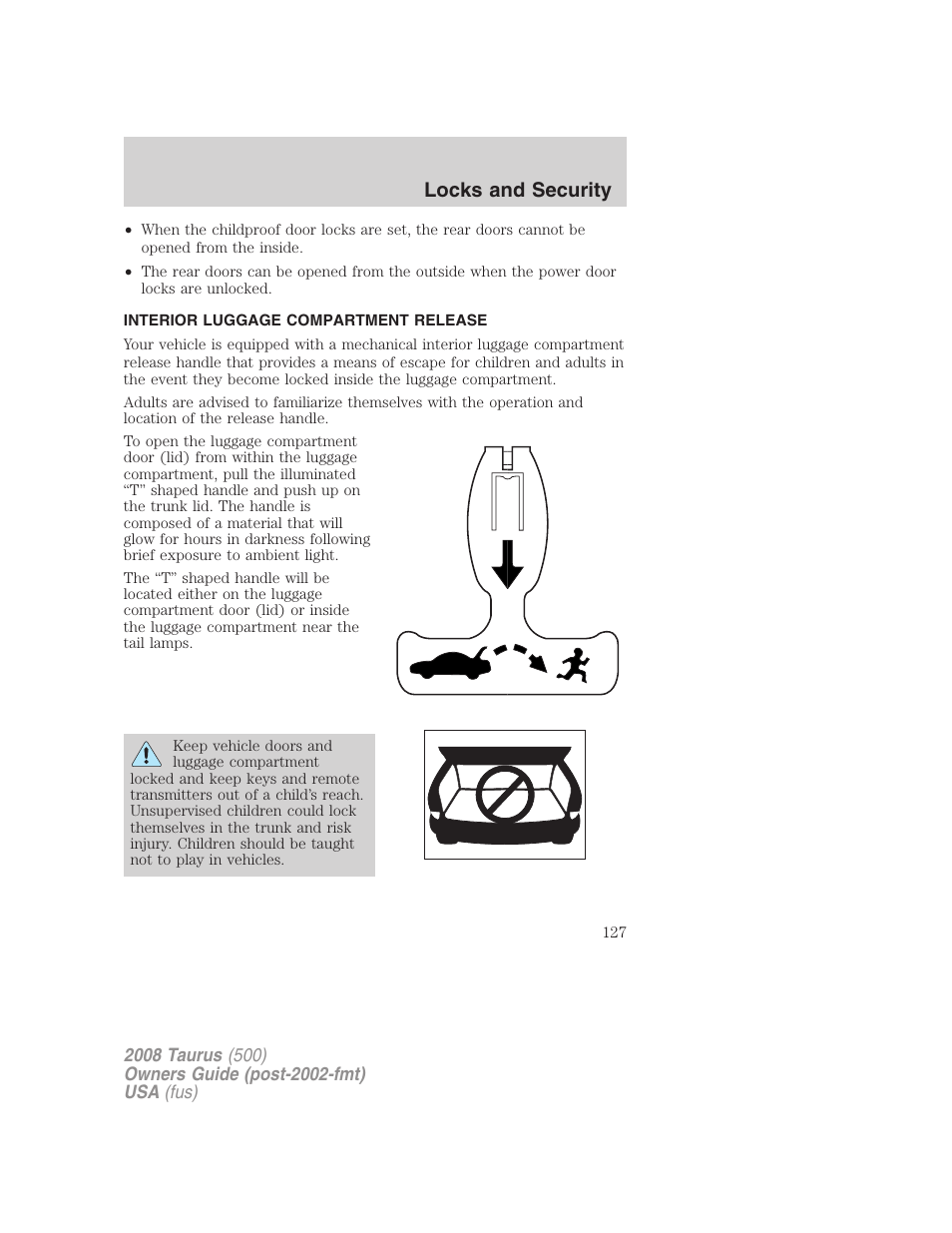 Interior luggage compartment release, Locks and security | FORD 2008 Taurus v.2 User Manual | Page 127 / 328