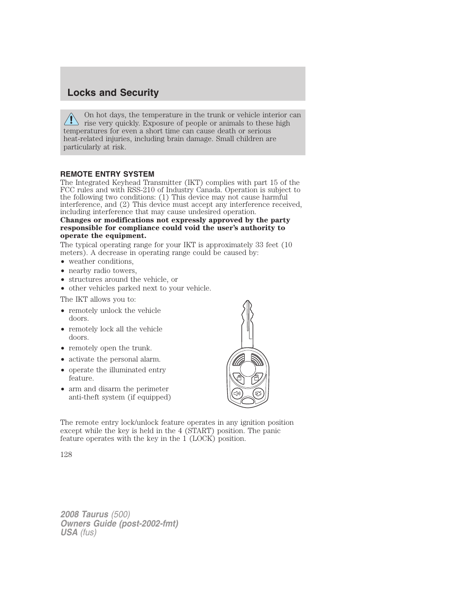 Remote entry system, Locks and security | FORD 2008 Taurus v.2 User Manual | Page 128 / 328