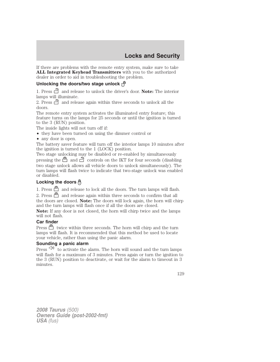 Unlocking the doors/two stage unlock, Locking the doors, Car finder | Sounding a panic alarm, Locks and security | FORD 2008 Taurus v.2 User Manual | Page 129 / 328