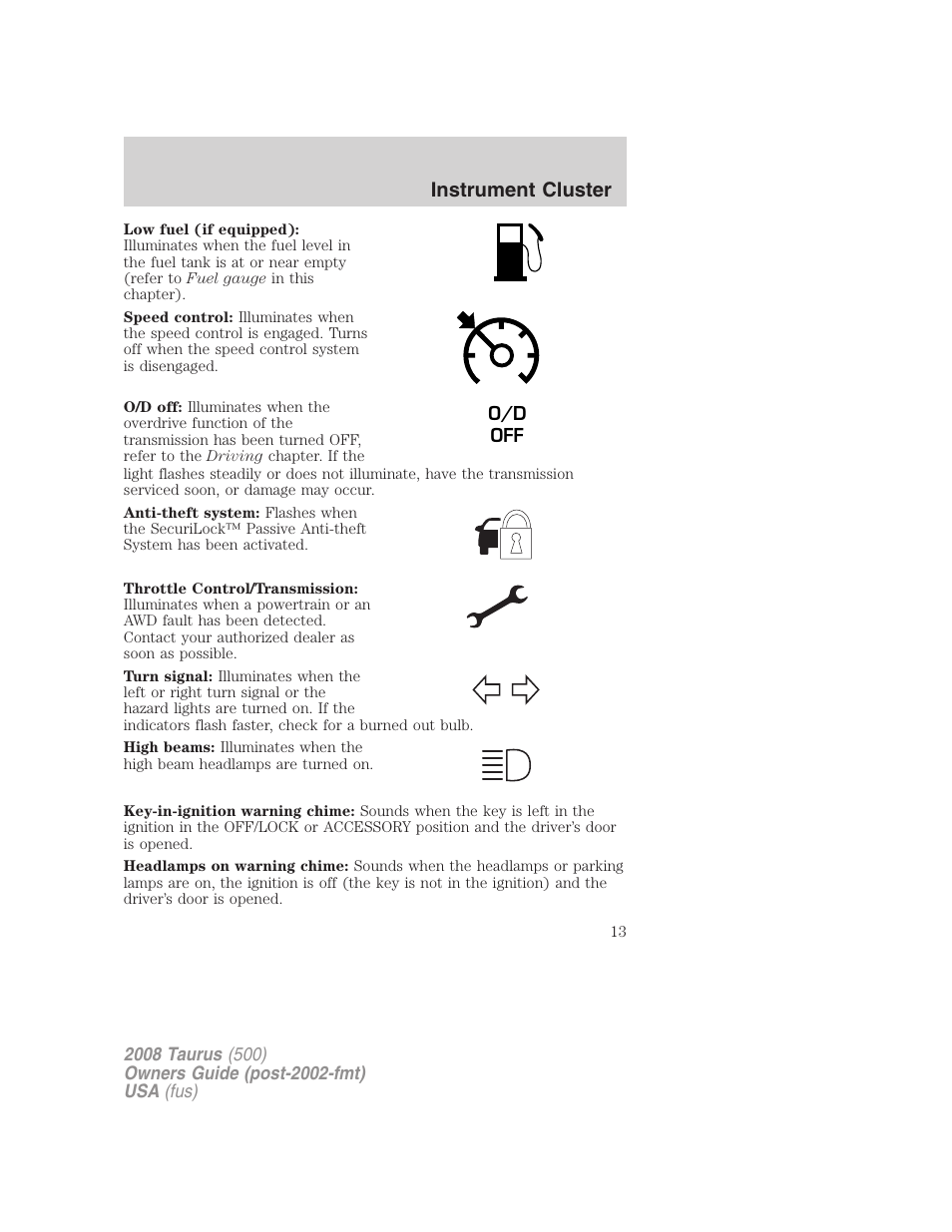 Instrument cluster | FORD 2008 Taurus v.2 User Manual | Page 13 / 328