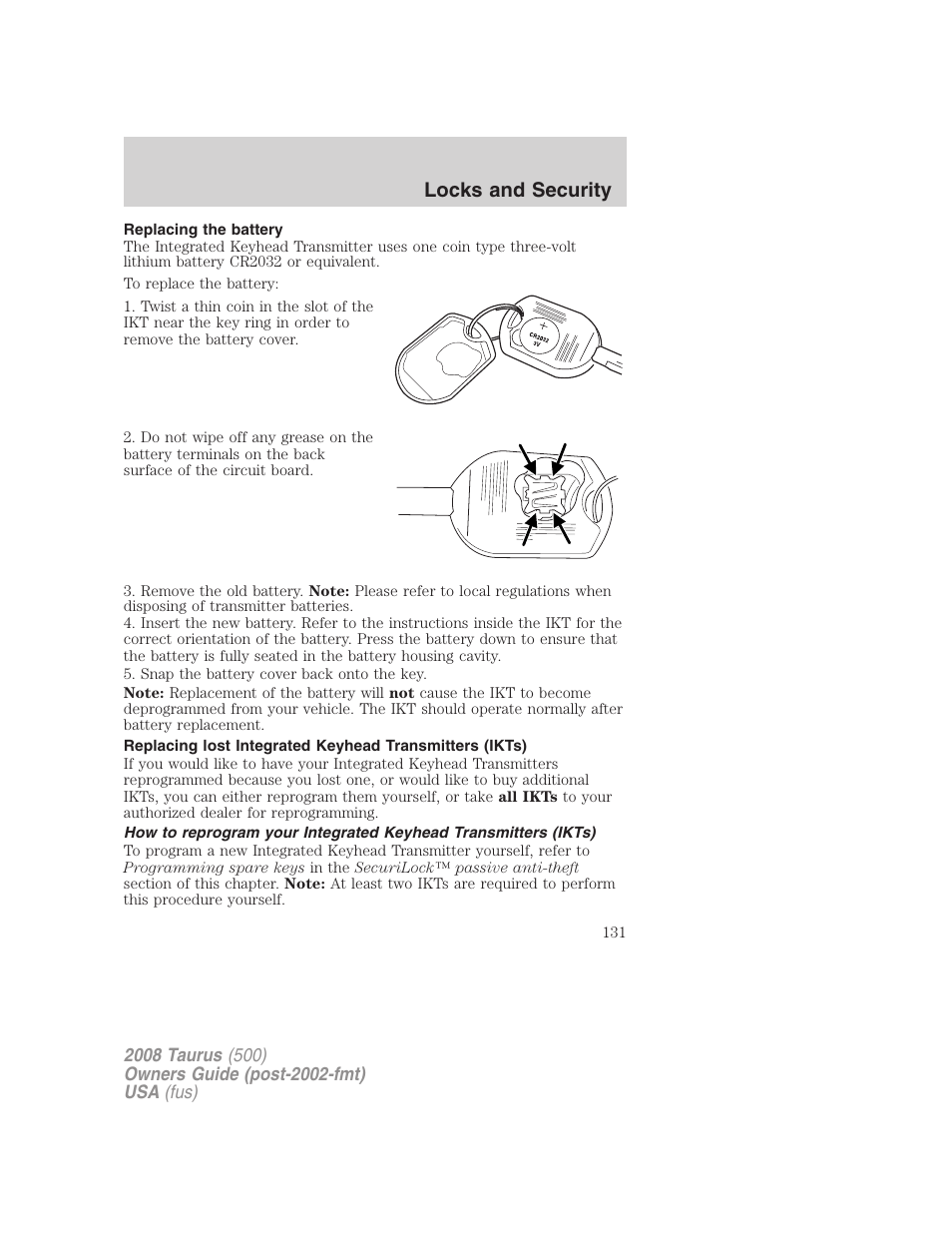 Replacing the battery, Locks and security | FORD 2008 Taurus v.2 User Manual | Page 131 / 328