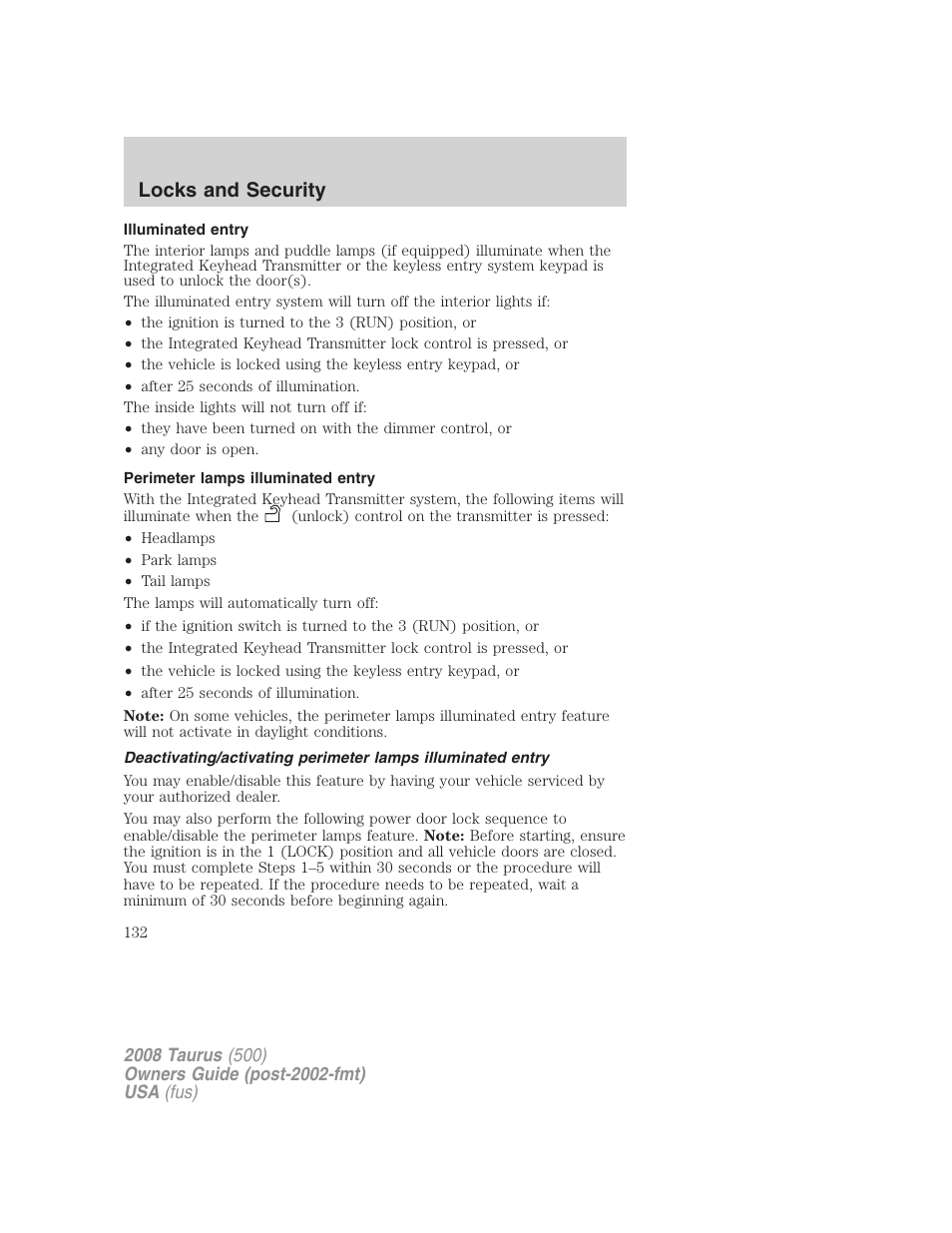 Illuminated entry, Perimeter lamps illuminated entry, Locks and security | FORD 2008 Taurus v.2 User Manual | Page 132 / 328