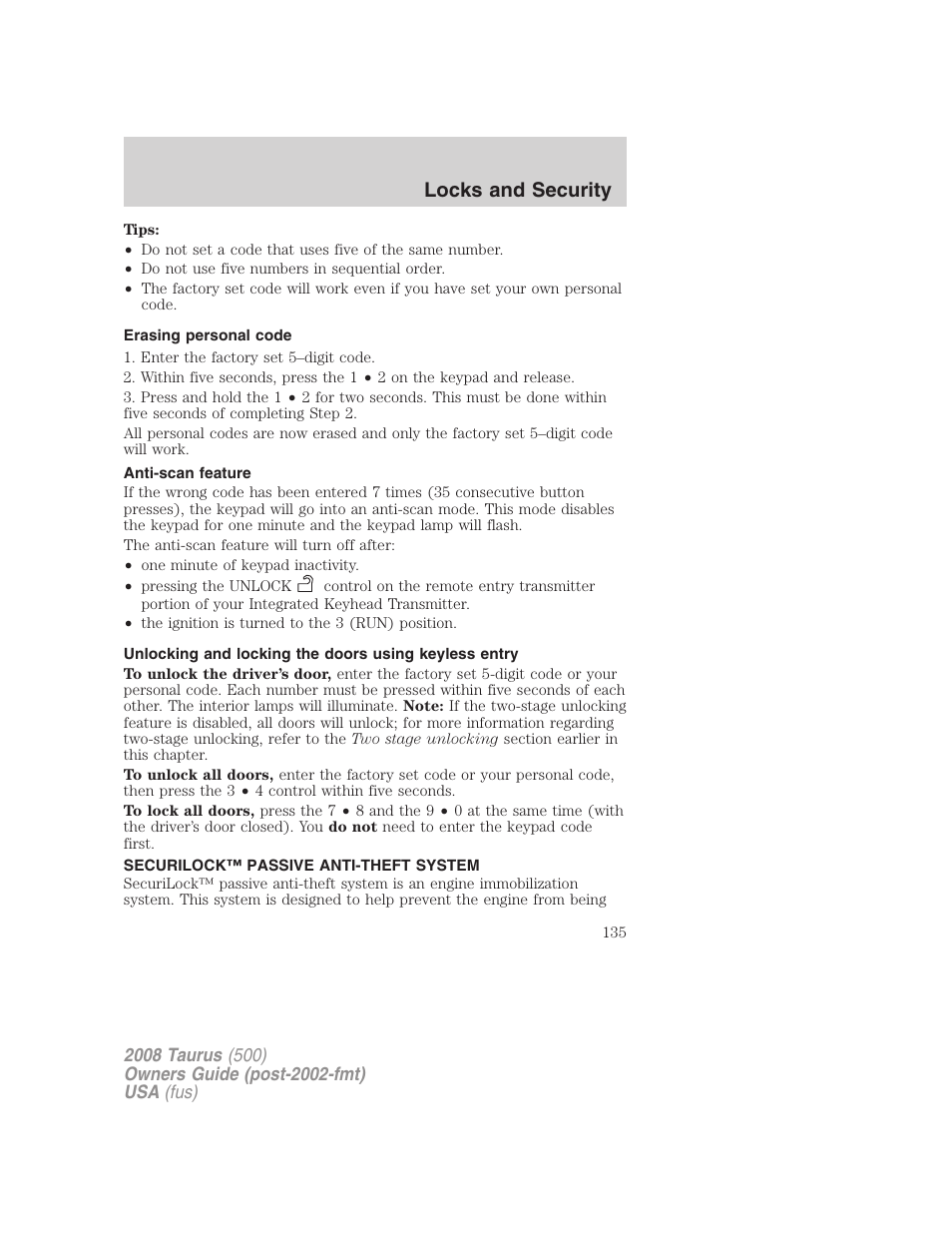 Erasing personal code, Anti-scan feature, Securilock™ passive anti-theft system | Anti-theft system, Locks and security | FORD 2008 Taurus v.2 User Manual | Page 135 / 328