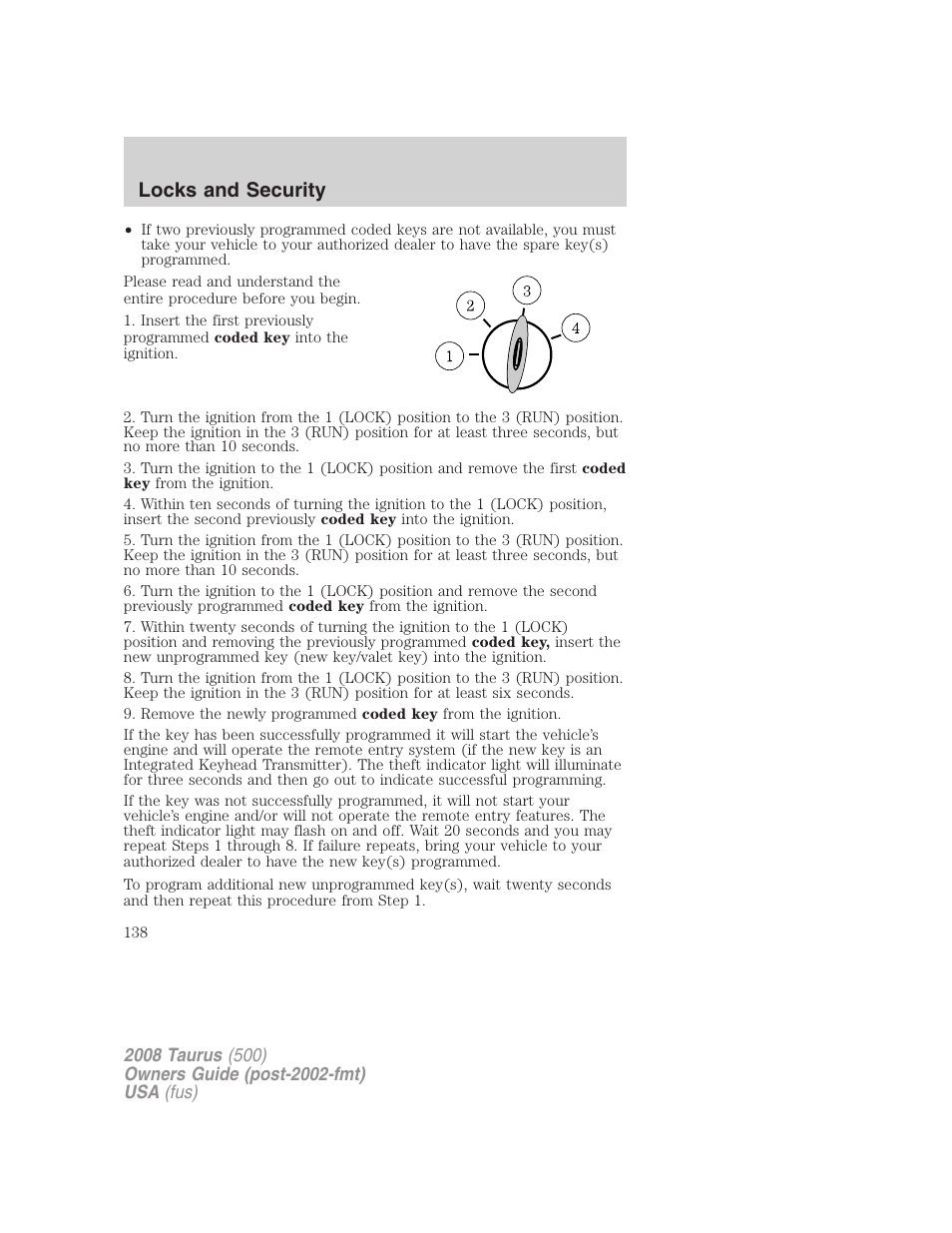 Locks and security | FORD 2008 Taurus v.2 User Manual | Page 138 / 328