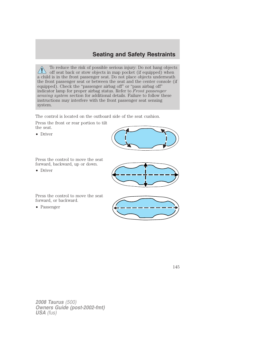 Seating and safety restraints | FORD 2008 Taurus v.2 User Manual | Page 145 / 328