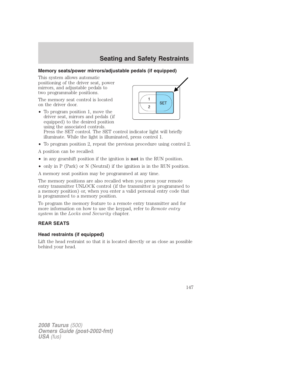 Rear seats, Head restraints (if equipped), Seating and safety restraints | FORD 2008 Taurus v.2 User Manual | Page 147 / 328
