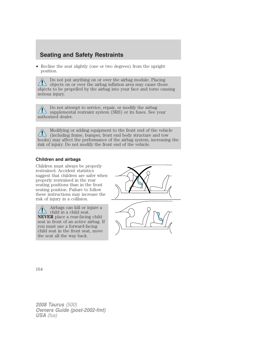 Children and airbags, Seating and safety restraints | FORD 2008 Taurus v.2 User Manual | Page 164 / 328