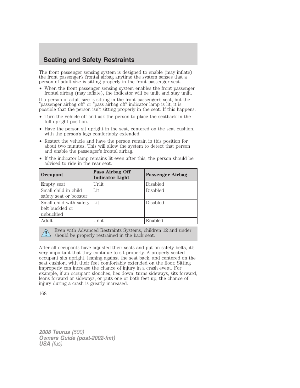 Seating and safety restraints | FORD 2008 Taurus v.2 User Manual | Page 168 / 328