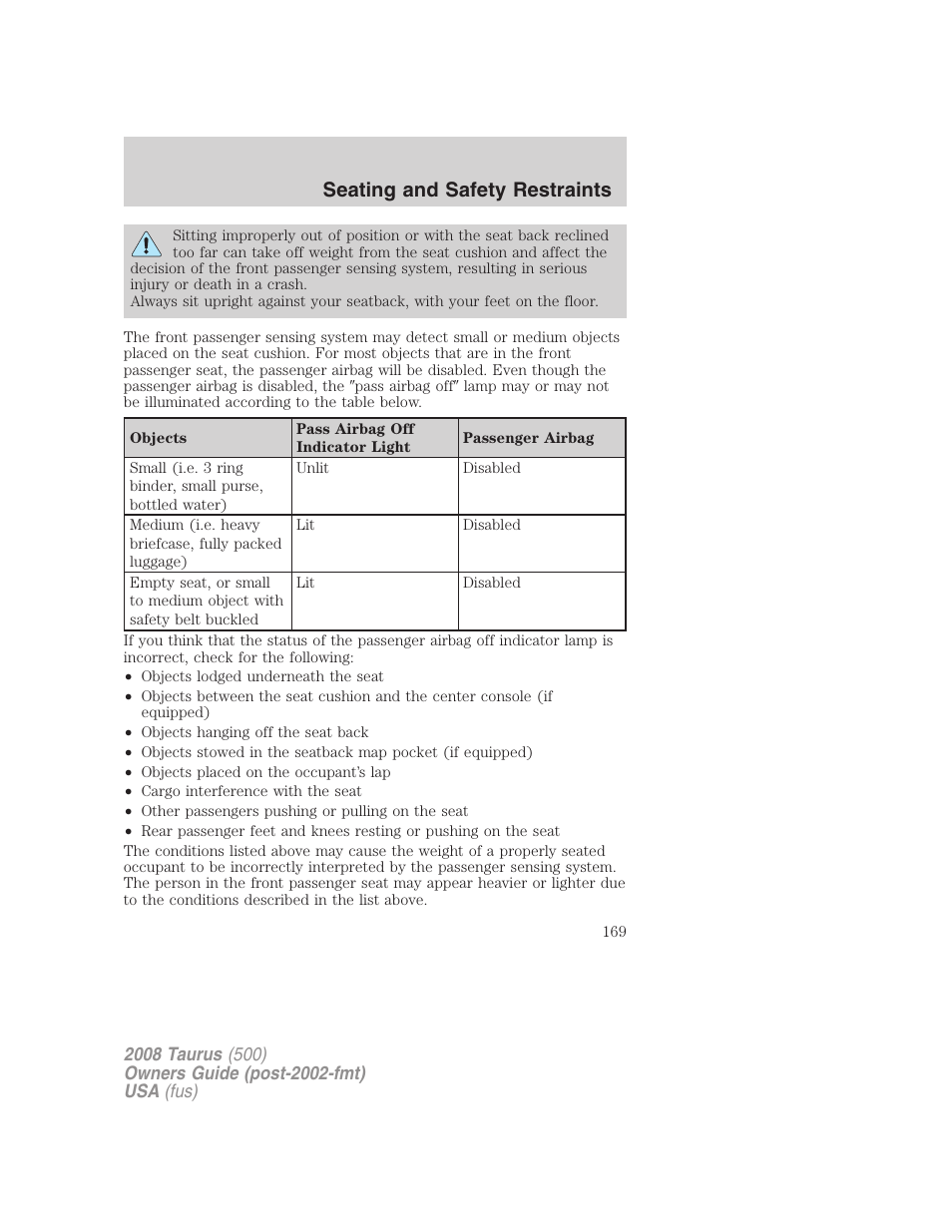 Seating and safety restraints | FORD 2008 Taurus v.2 User Manual | Page 169 / 328