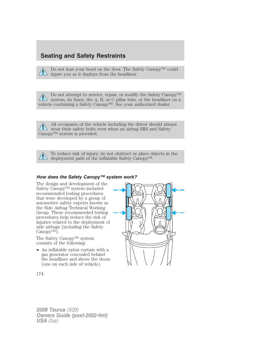 How does the safety canopy™ system work, Seating and safety restraints | FORD 2008 Taurus v.2 User Manual | Page 174 / 328