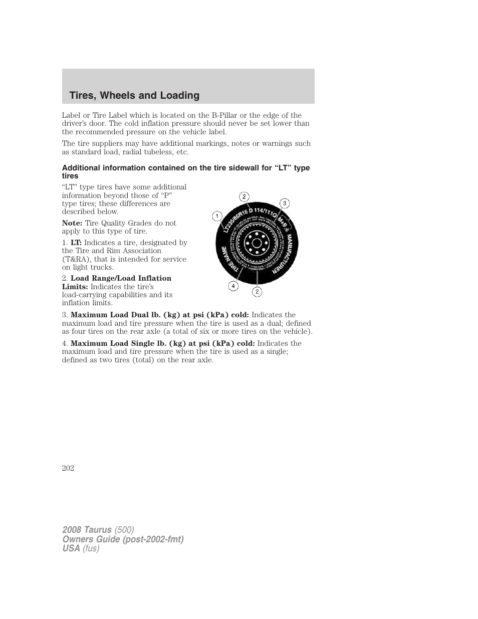 Tires, wheels and loading | FORD 2008 Taurus v.2 User Manual | Page 202 / 328