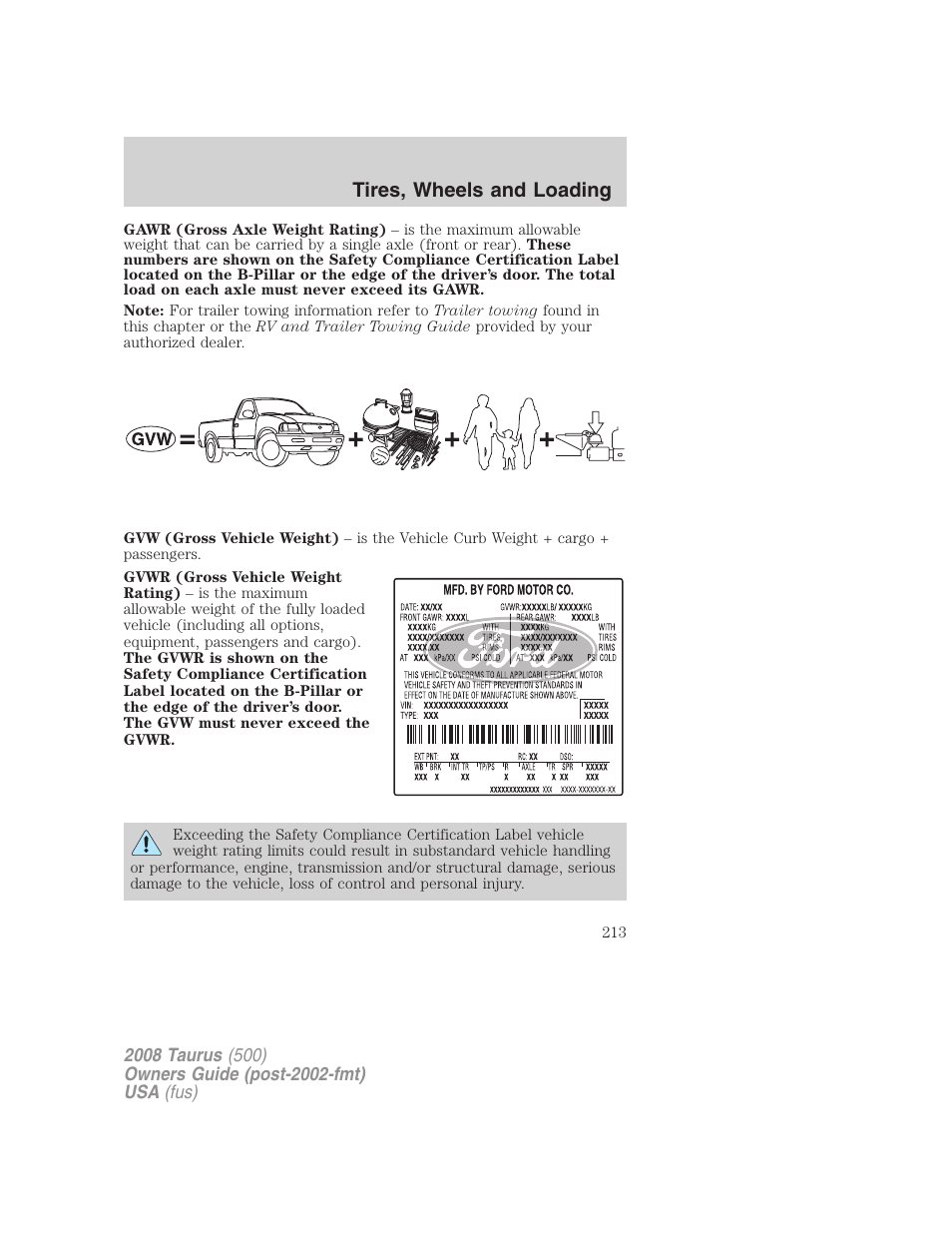 Tires, wheels and loading | FORD 2008 Taurus v.2 User Manual | Page 213 / 328