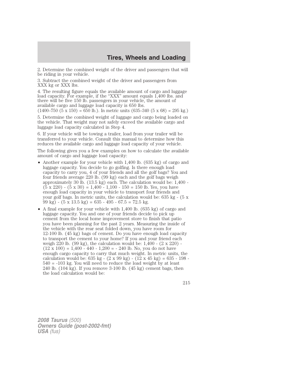 Tires, wheels and loading | FORD 2008 Taurus v.2 User Manual | Page 215 / 328