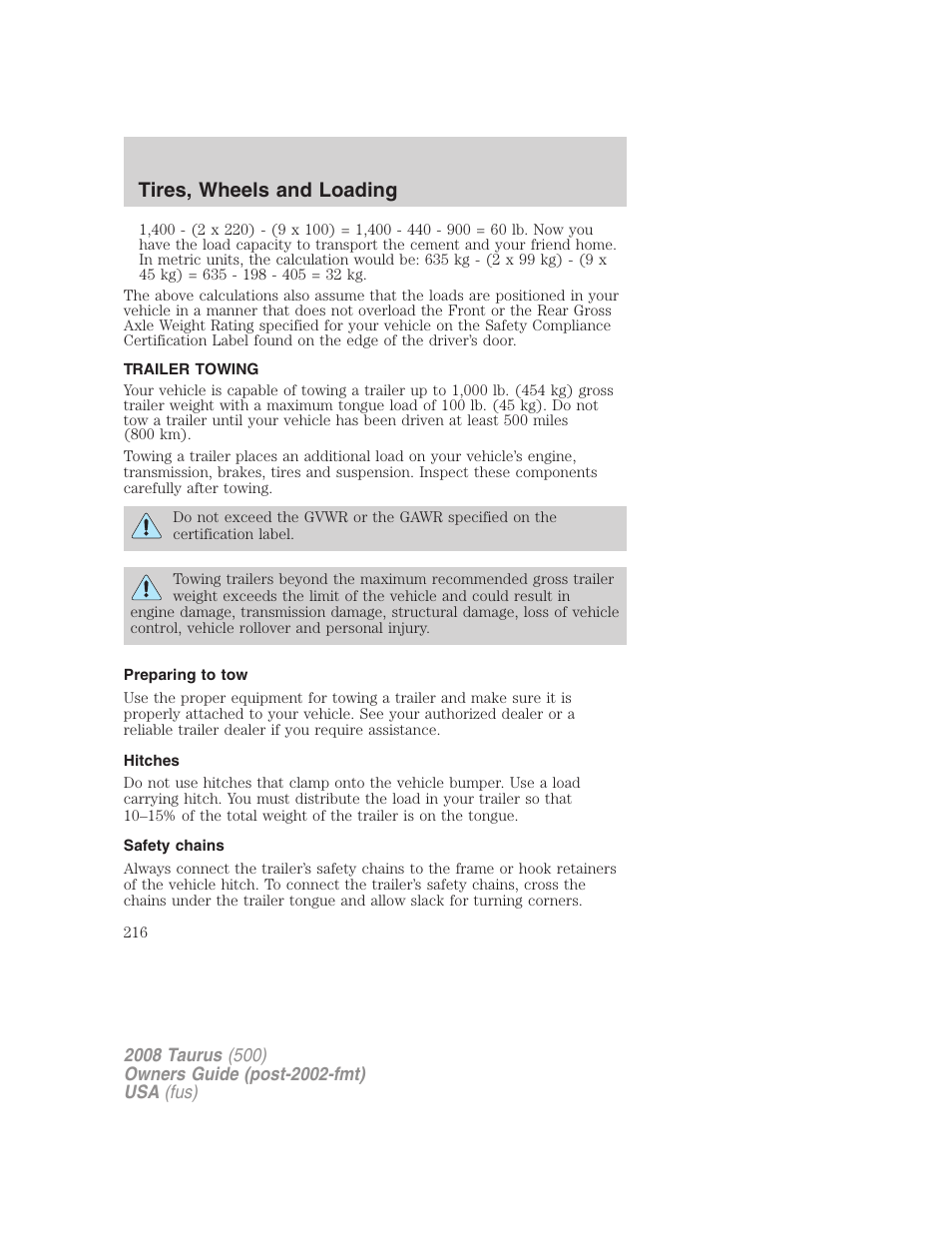 Trailer towing, Preparing to tow, Hitches | Safety chains, Tires, wheels and loading | FORD 2008 Taurus v.2 User Manual | Page 216 / 328