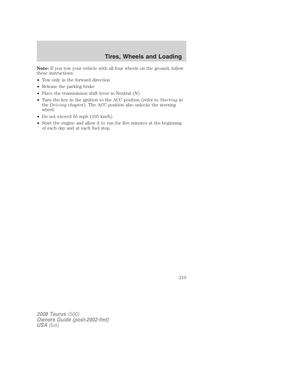 Tires, wheels and loading | FORD 2008 Taurus v.2 User Manual | Page 219 / 328