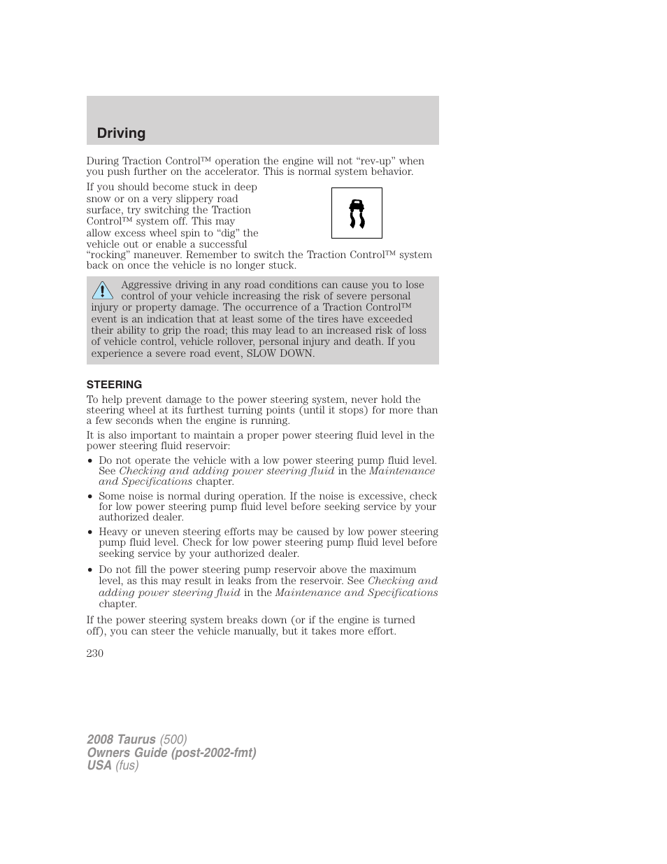 Steering, Driving | FORD 2008 Taurus v.2 User Manual | Page 230 / 328