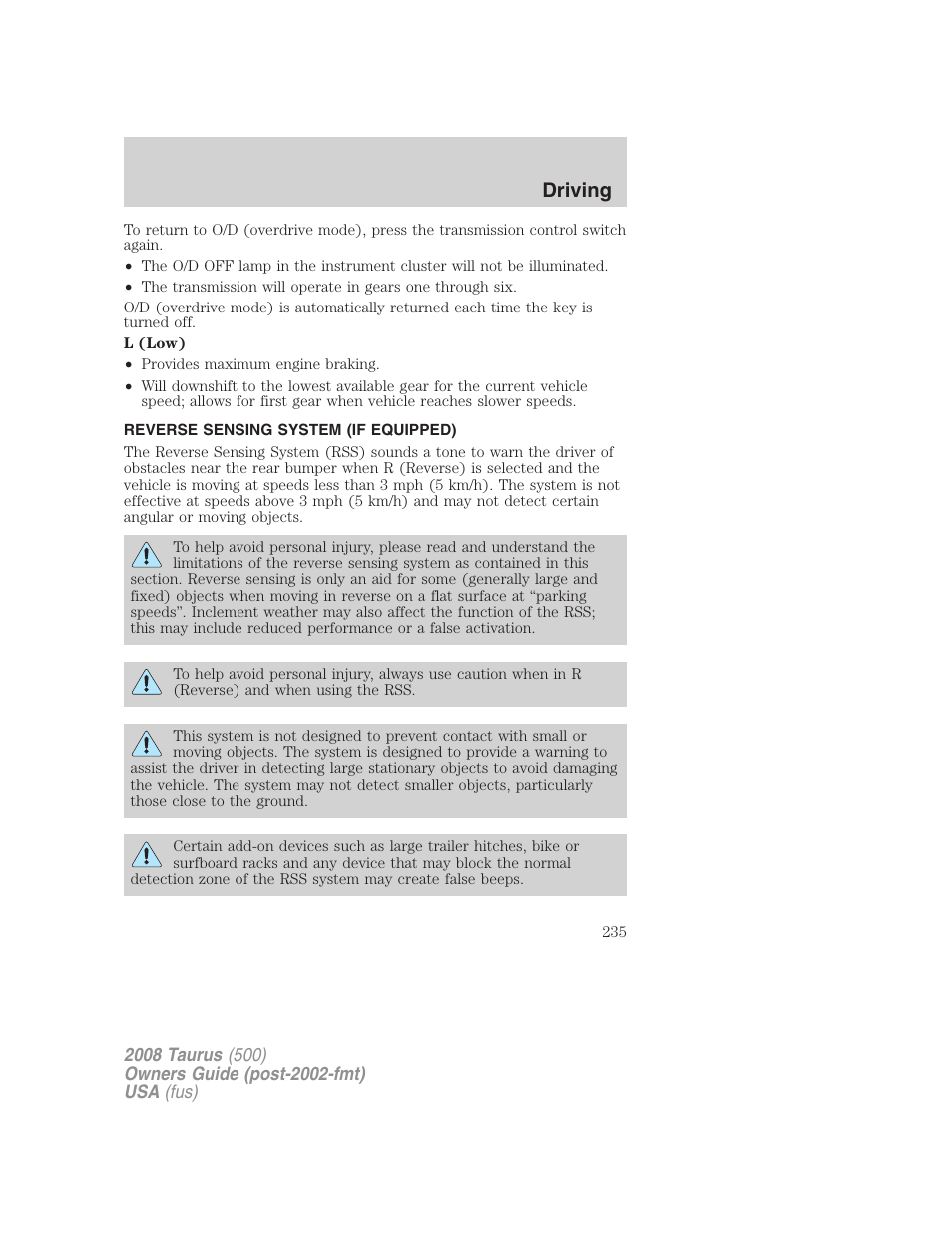 Driving | FORD 2008 Taurus v.2 User Manual | Page 235 / 328