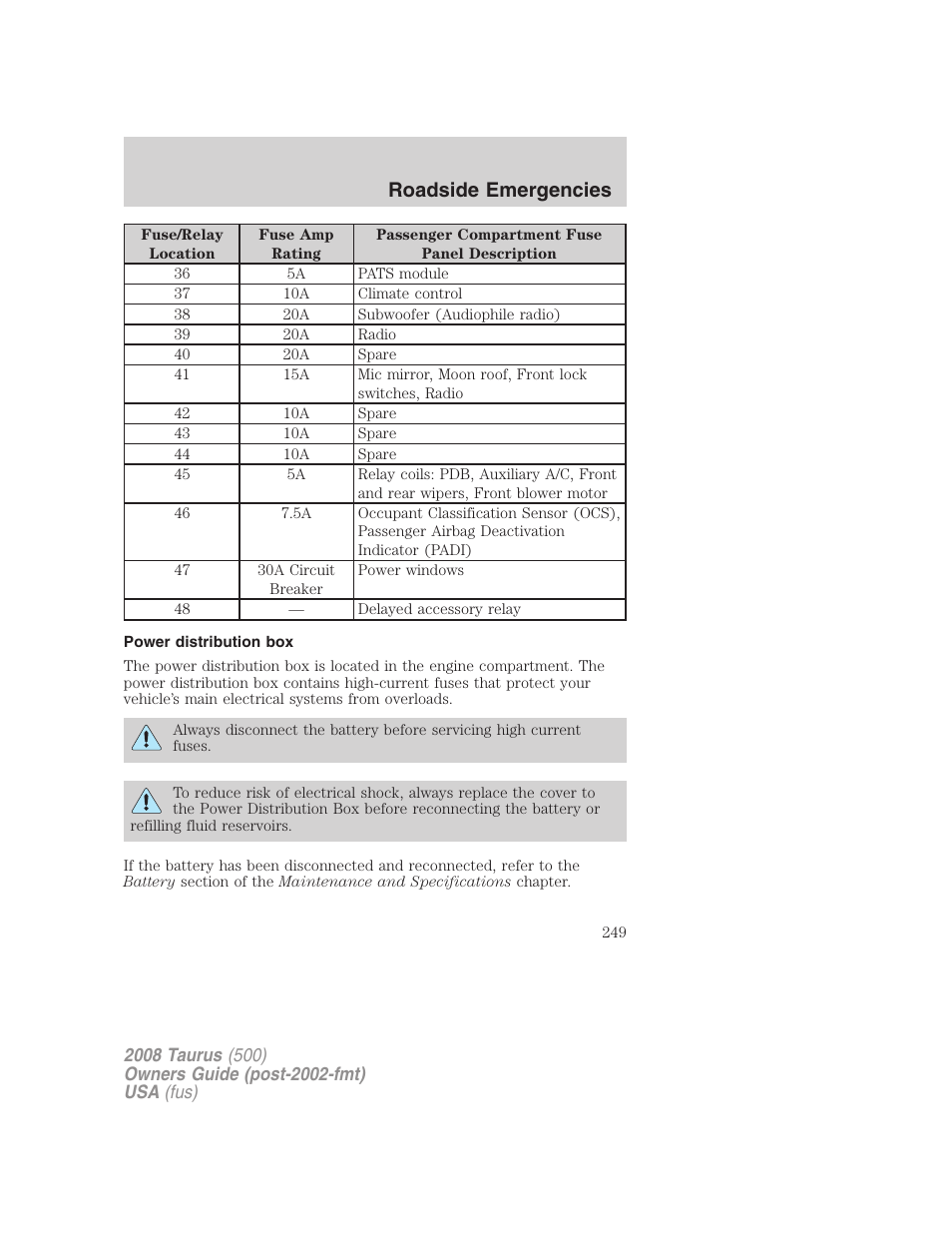 Power distribution box, Roadside emergencies | FORD 2008 Taurus v.2 User Manual | Page 249 / 328