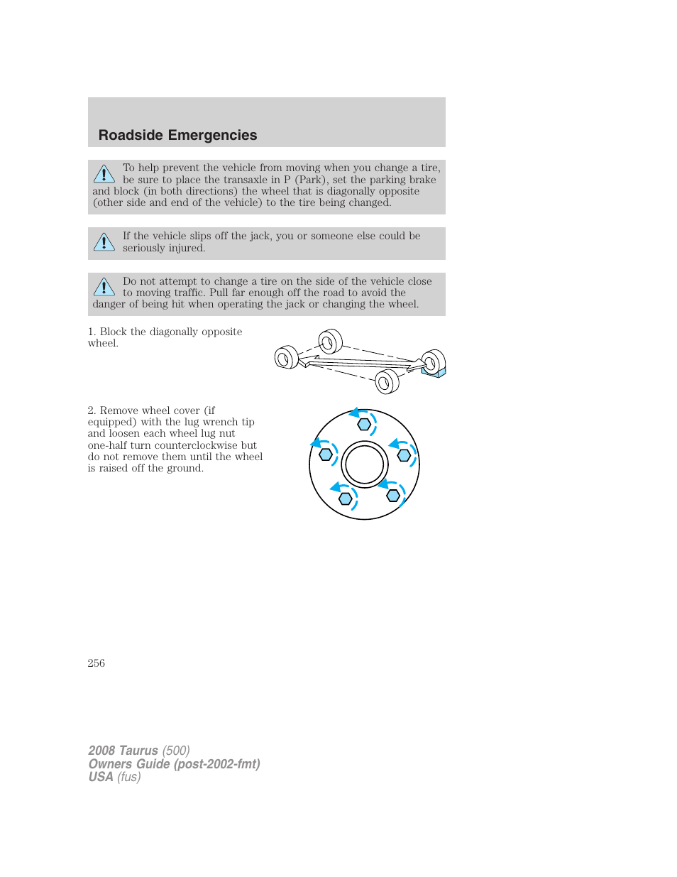 Roadside emergencies | FORD 2008 Taurus v.2 User Manual | Page 256 / 328