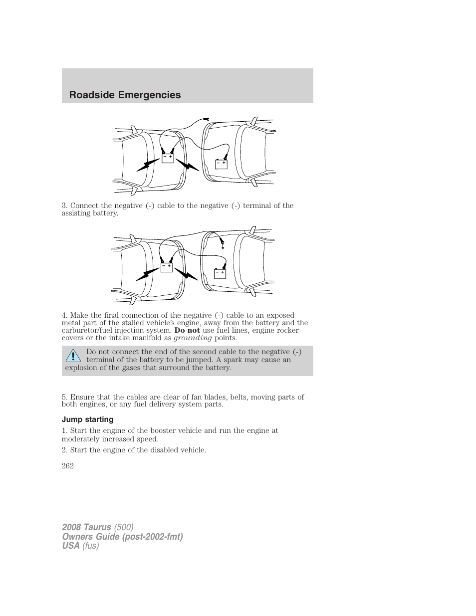 Jump starting, Roadside emergencies | FORD 2008 Taurus v.2 User Manual | Page 262 / 328