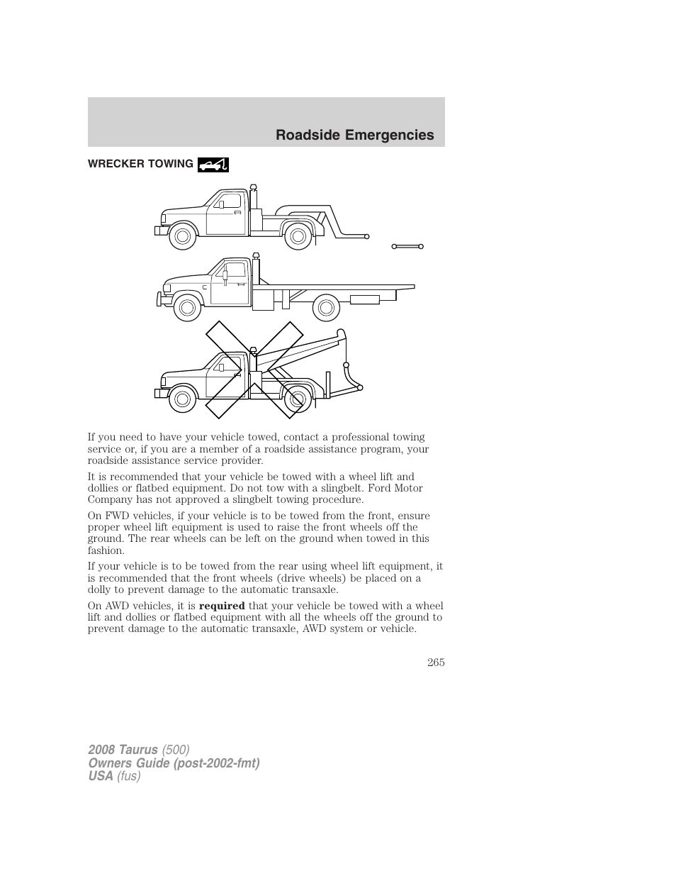 Wrecker towing, Roadside emergencies | FORD 2008 Taurus v.2 User Manual | Page 265 / 328