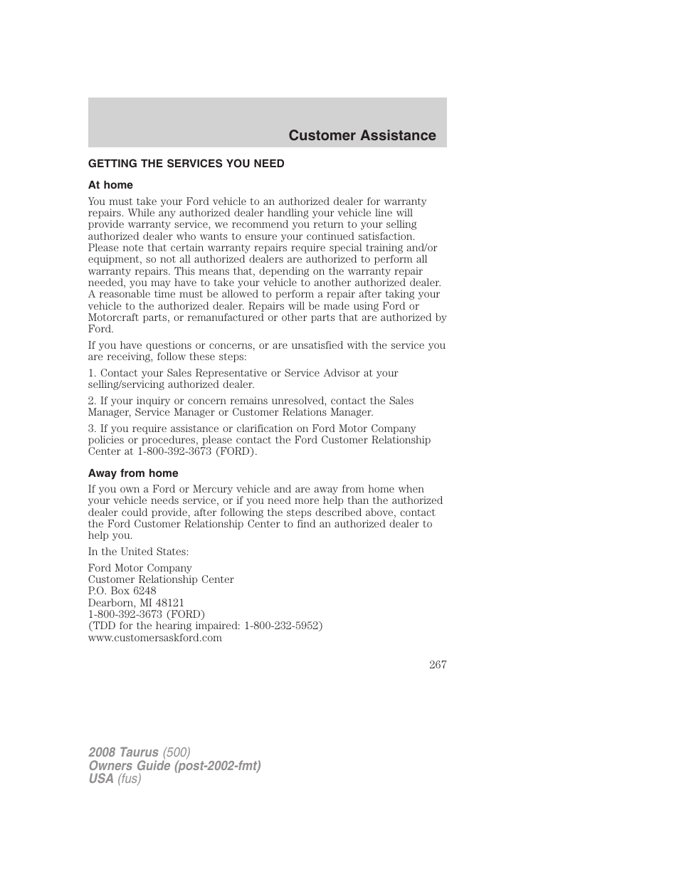 Customer assistance, Getting the services you need, At home | Away from home | FORD 2008 Taurus v.2 User Manual | Page 267 / 328