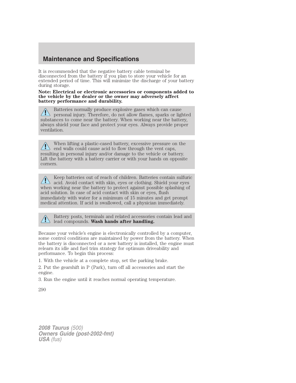 Maintenance and specifications | FORD 2008 Taurus v.2 User Manual | Page 290 / 328