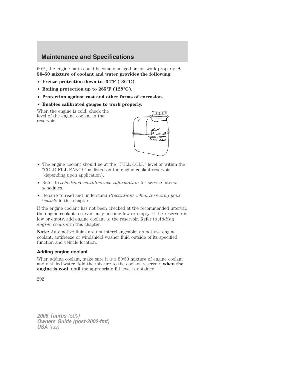 Adding engine coolant, Maintenance and specifications | FORD 2008 Taurus v.2 User Manual | Page 292 / 328