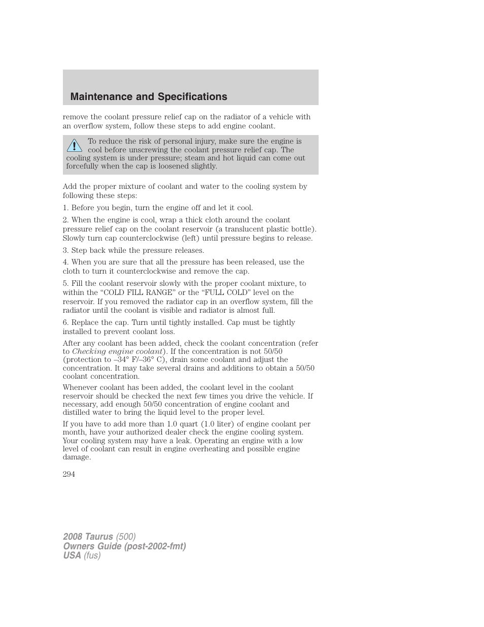 Maintenance and specifications | FORD 2008 Taurus v.2 User Manual | Page 294 / 328