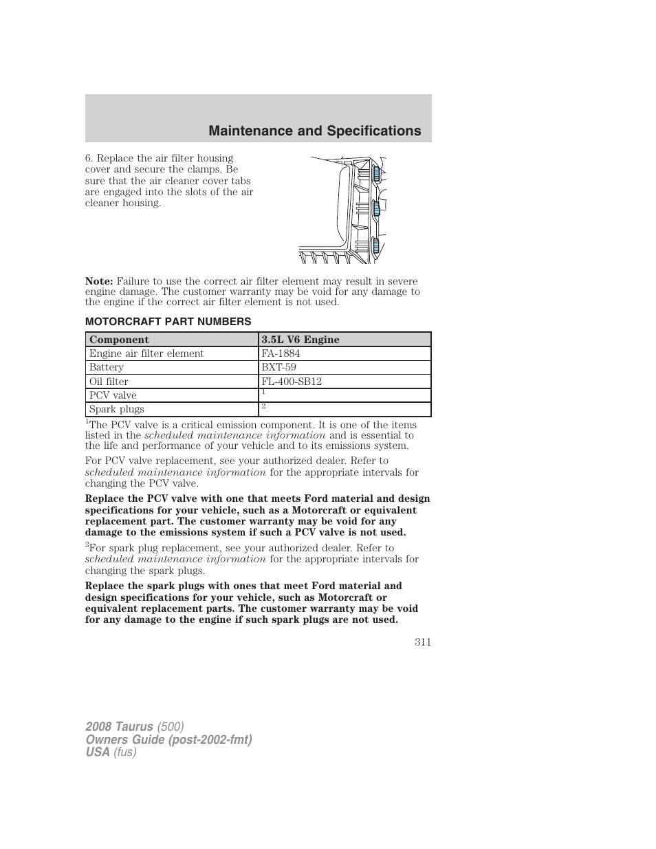 Motorcraft part numbers, Part numbers, Maintenance and specifications | FORD 2008 Taurus v.2 User Manual | Page 311 / 328