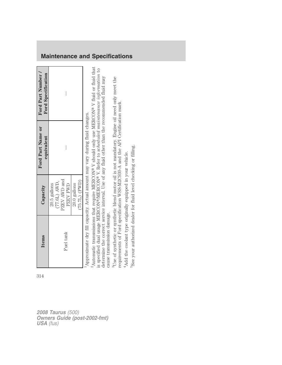 Maintenance and specifications | FORD 2008 Taurus v.2 User Manual | Page 314 / 328