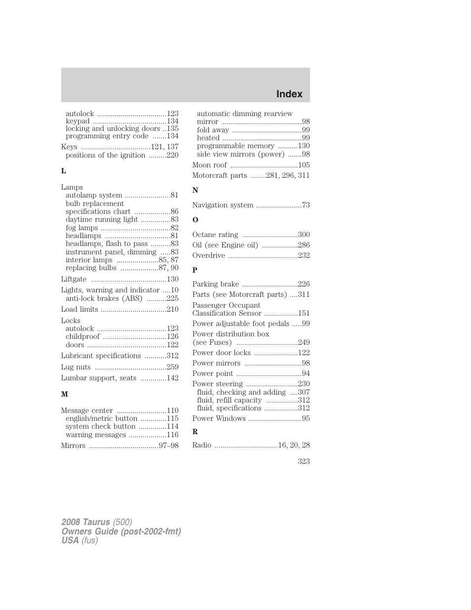 Index | FORD 2008 Taurus v.2 User Manual | Page 323 / 328