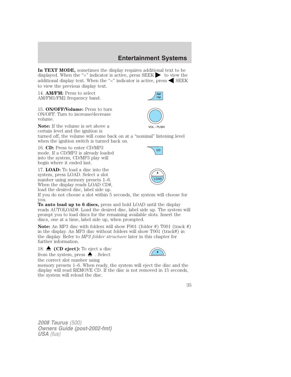 Entertainment systems | FORD 2008 Taurus v.2 User Manual | Page 35 / 328